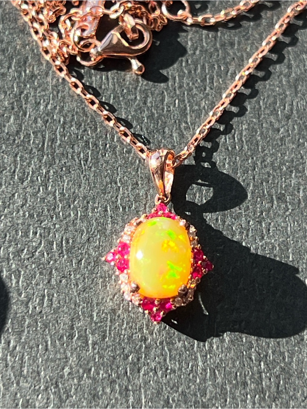Rose Gold Opal Pendant Necklace with Rubies and Diamond’s in 10k - Picture 8 of 17